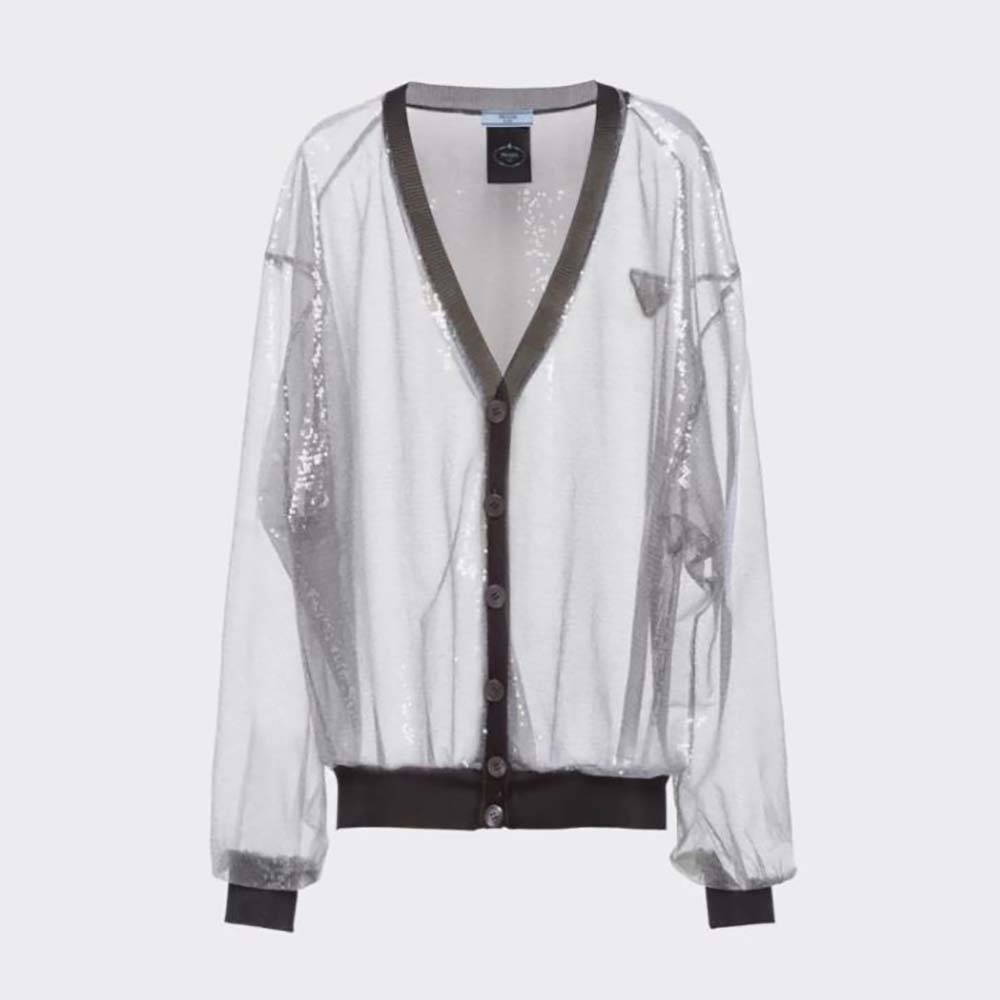 Front view of Prada Women Sequin-Embroidered Tulle Cardigan-Black showcasing embroidery