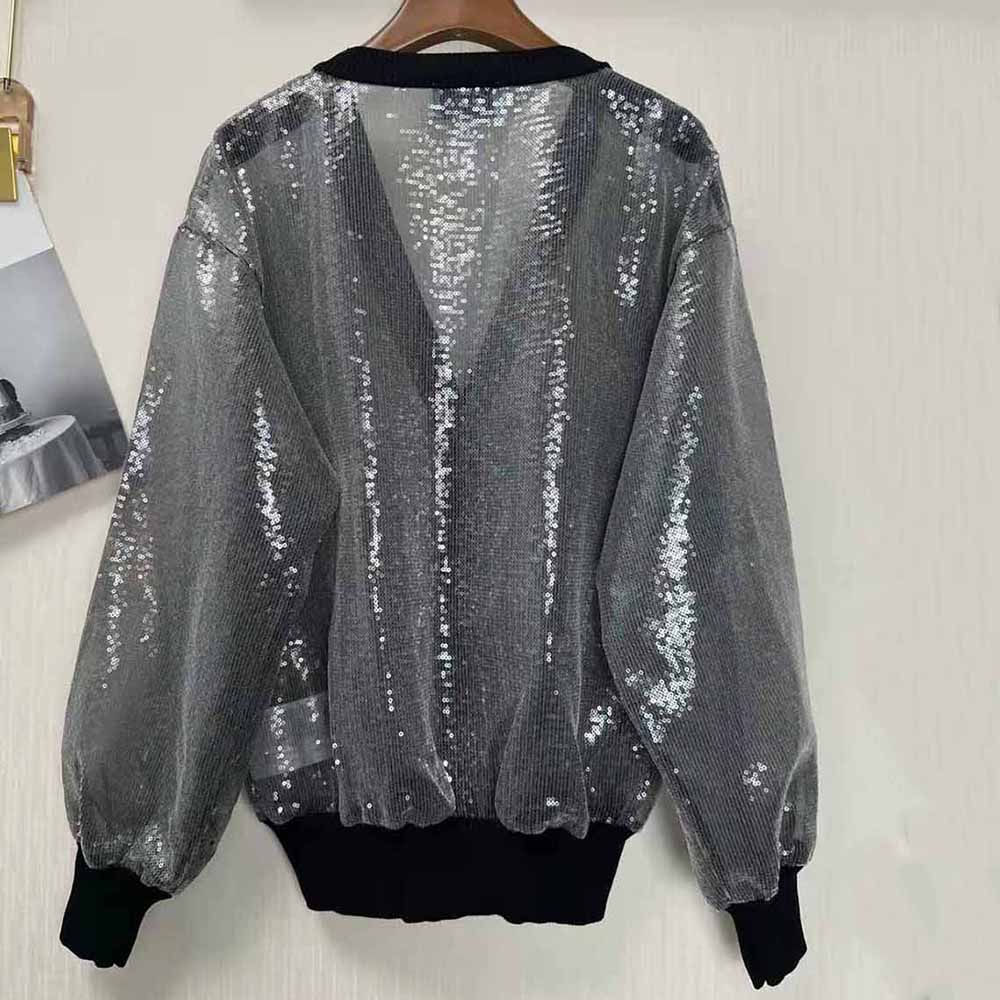 Side angle of Prada Women Sequin-Embroidered Tulle Cardigan-Black with hook closure