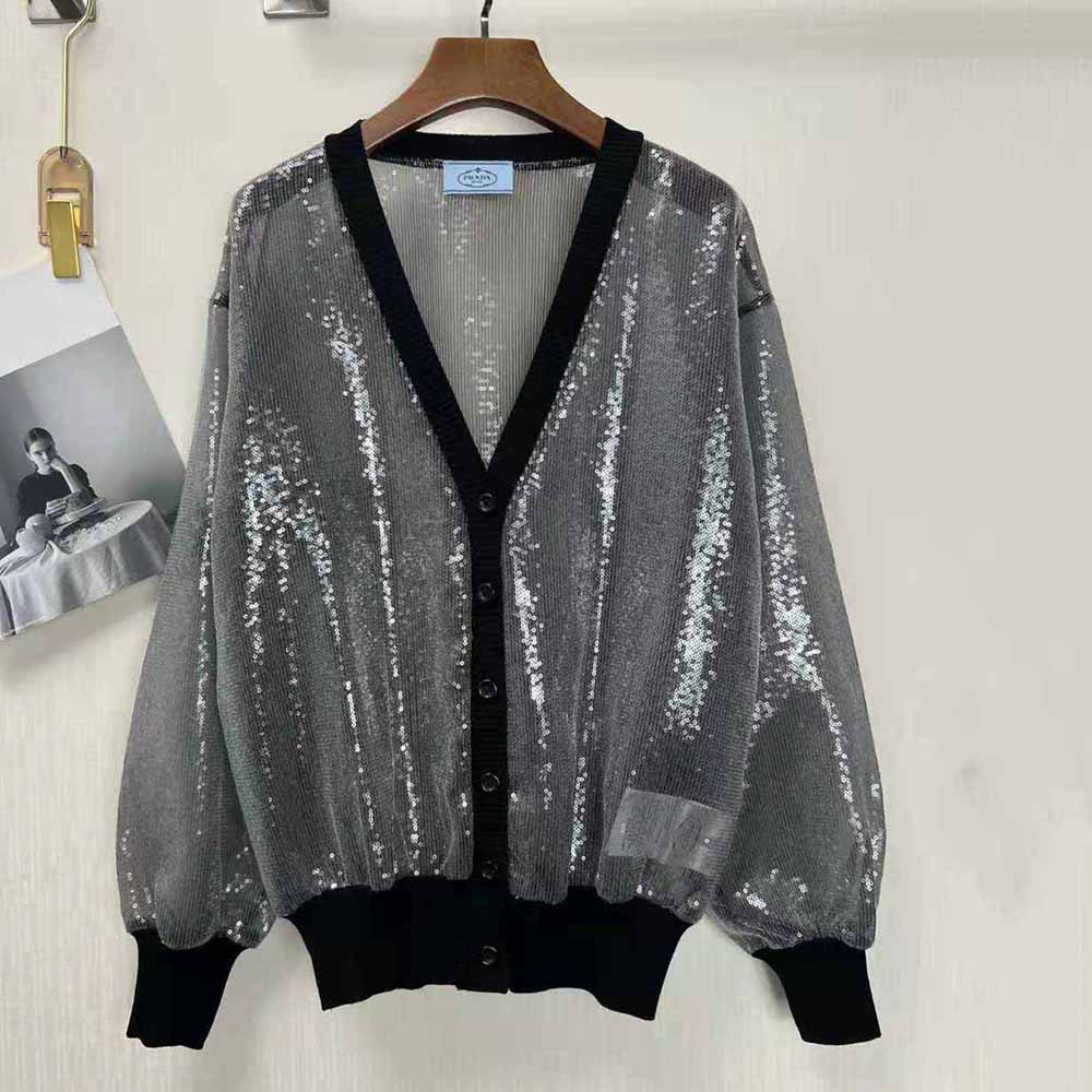 Close-up detail of sequins on Prada Women Sequin-Embroidered Tulle Cardigan-Black