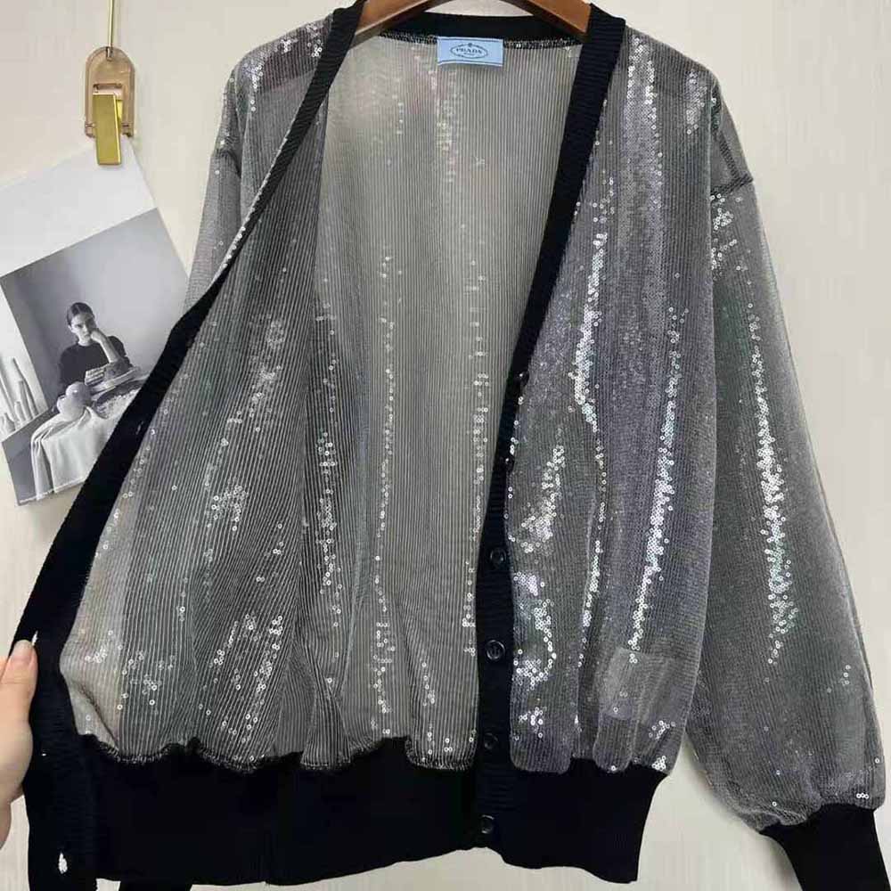 Prada Women Sequin-Embroidered Tulle Cardigan-Black - image 4