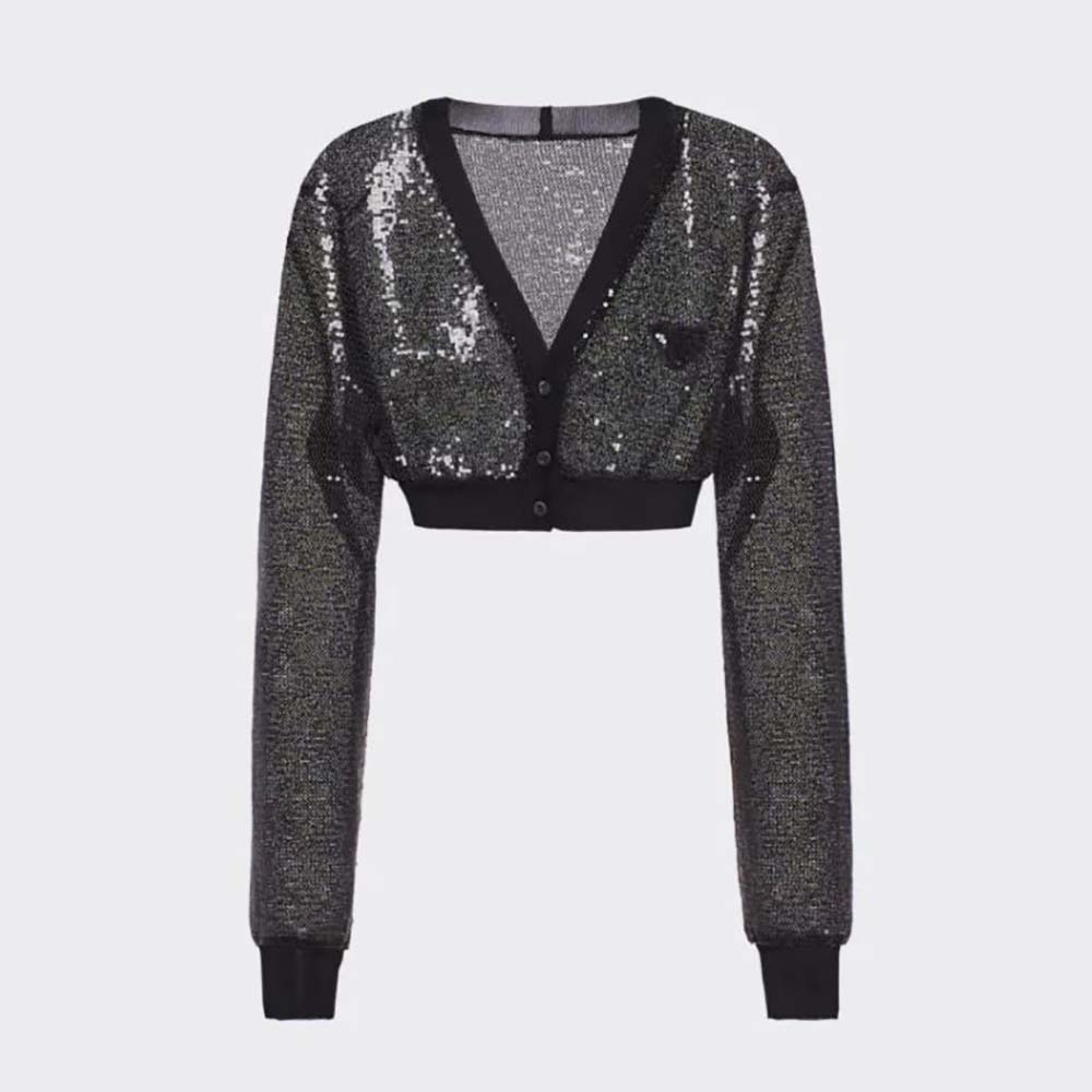 Front view of Prada Women Sequin-Embroidered Tulle Crop Top-Black showing sequin details