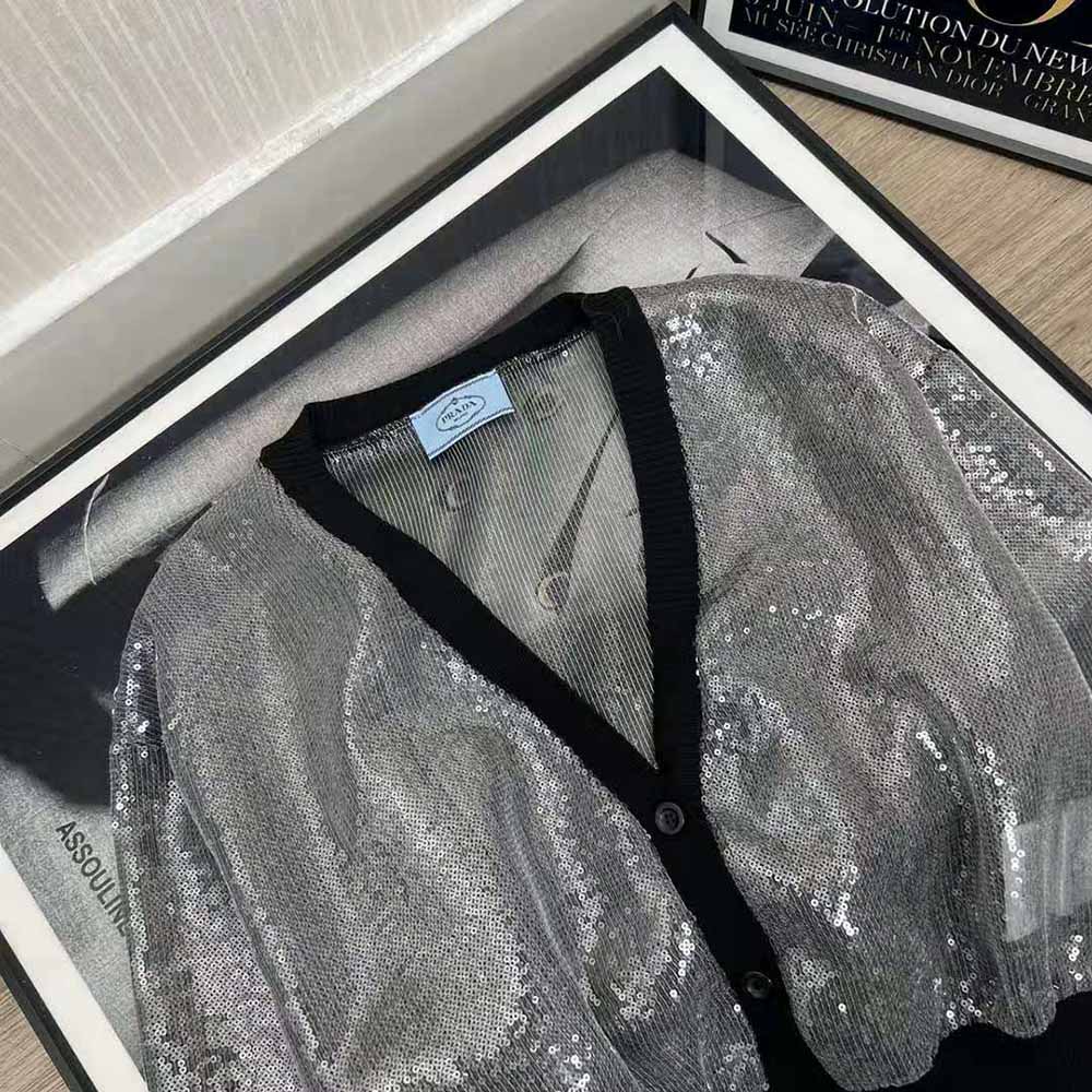 Prada Women Sequin-Embroidered Tulle Crop Top-Black - image 4
