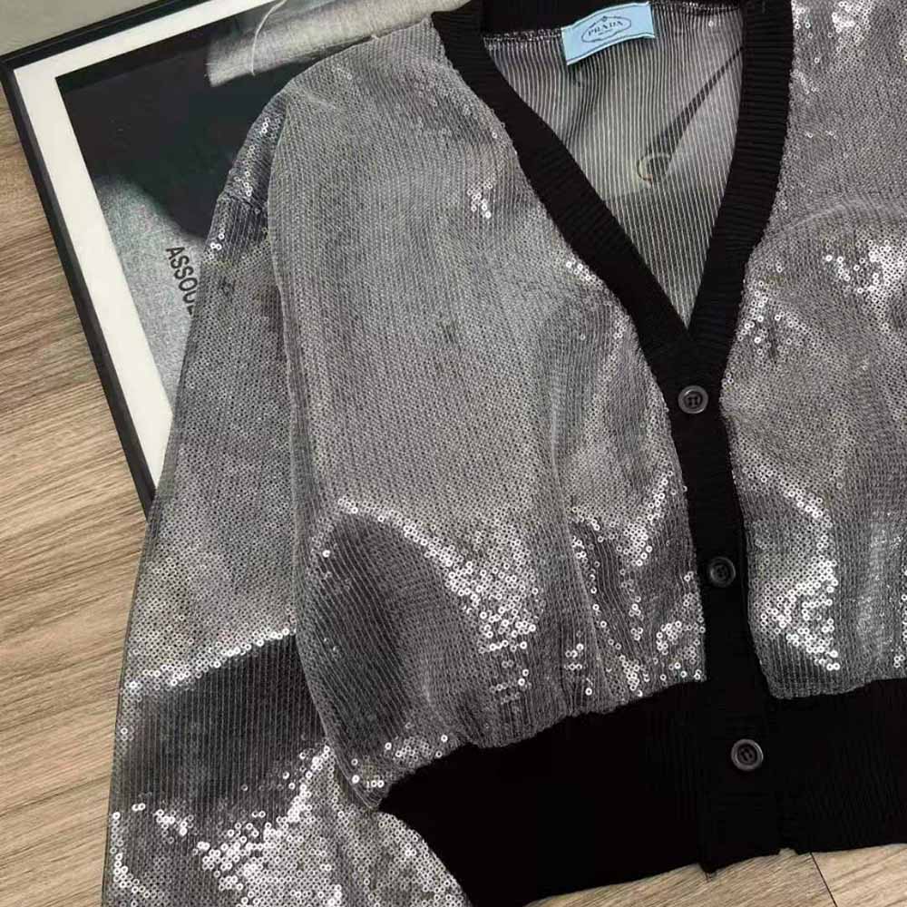 Prada Women Sequin-Embroidered Tulle Crop Top-Black - image 5