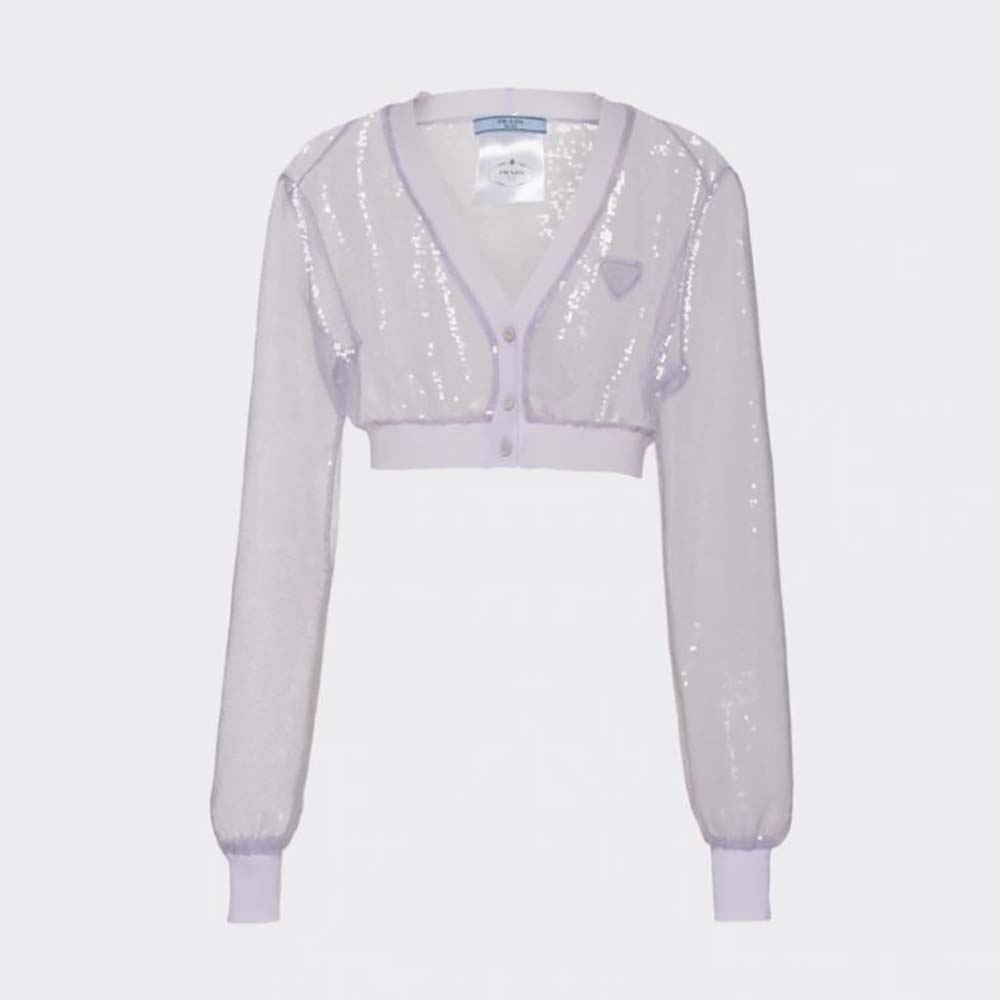 Front view of Prada Women Sequin-Embroidered Tulle Crop Top-Purple