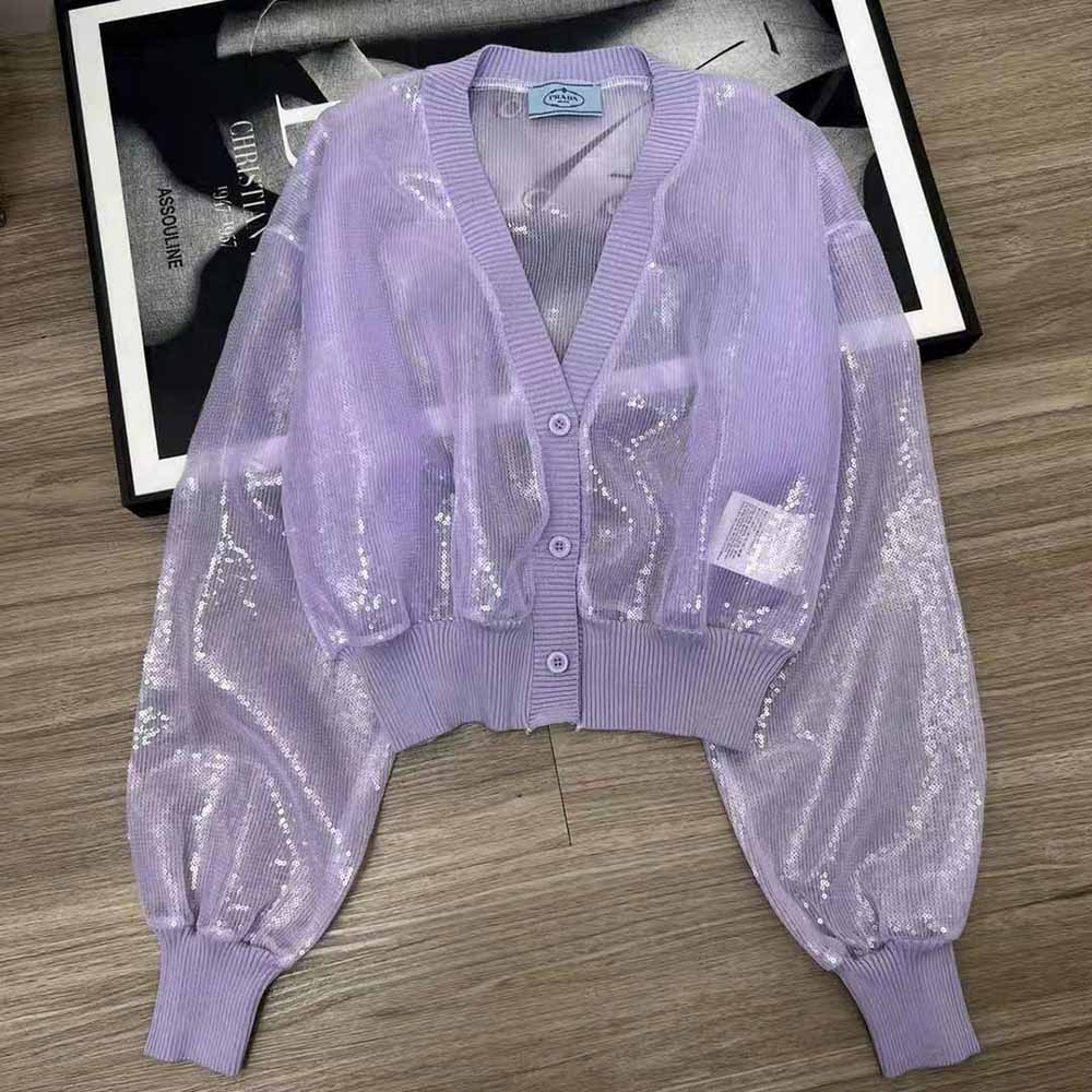 Close-up of sequin embroidery detail on Prada purple crop top