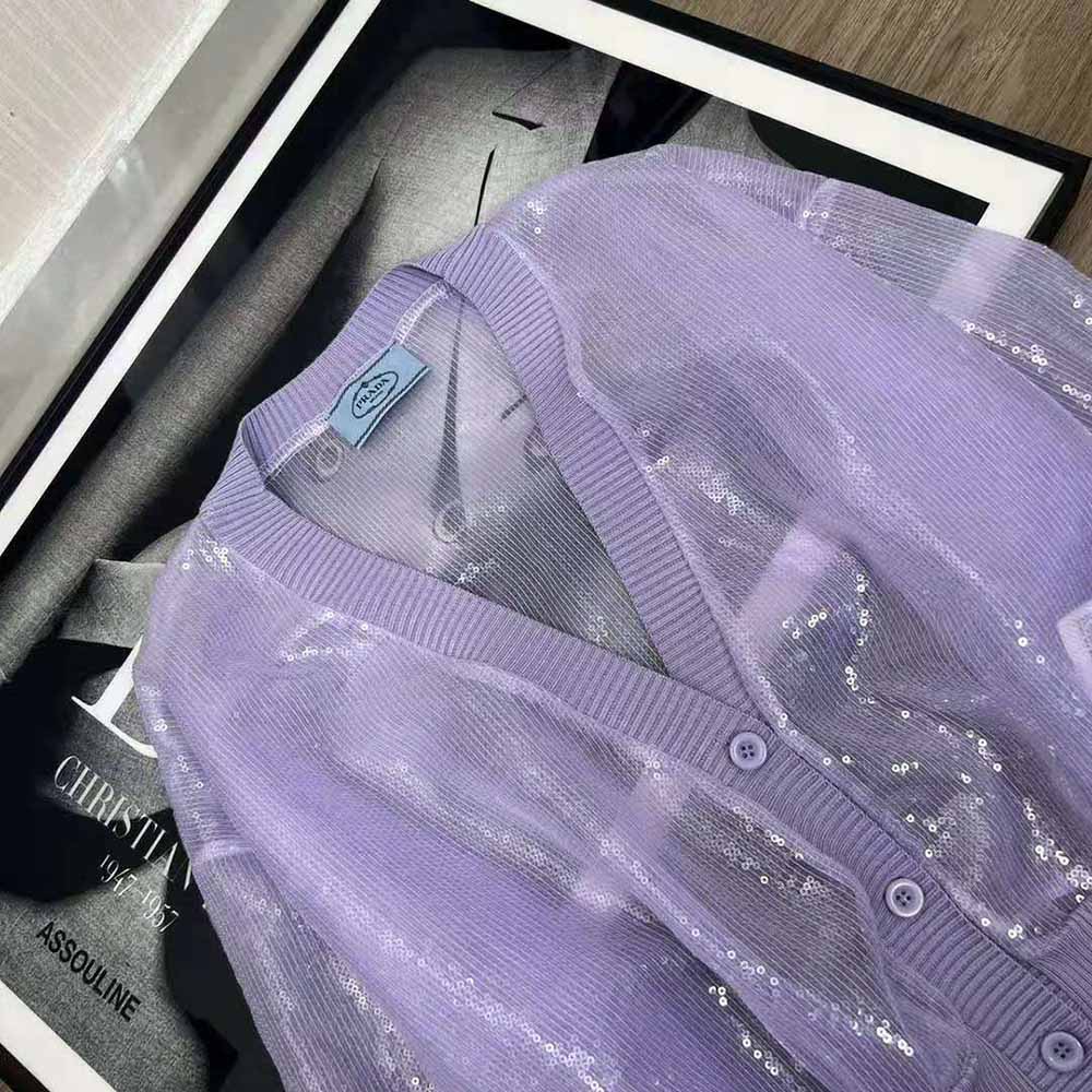 Prada Women Sequin-Embroidered Tulle Crop Top-Purple - image 10