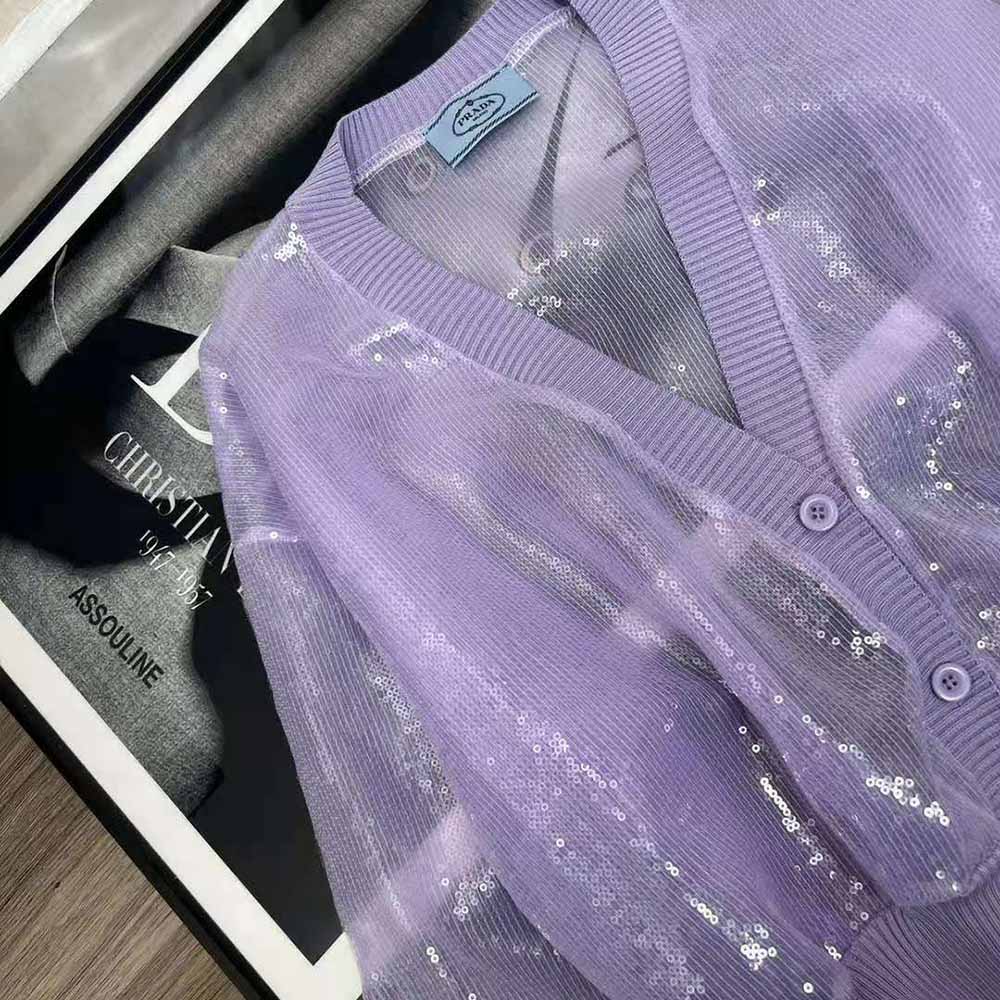 Prada Women Sequin-Embroidered Tulle Crop Top-Purple - image 5