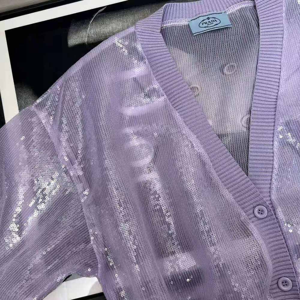 Prada Women Sequin-Embroidered Tulle Crop Top-Purple - image 6