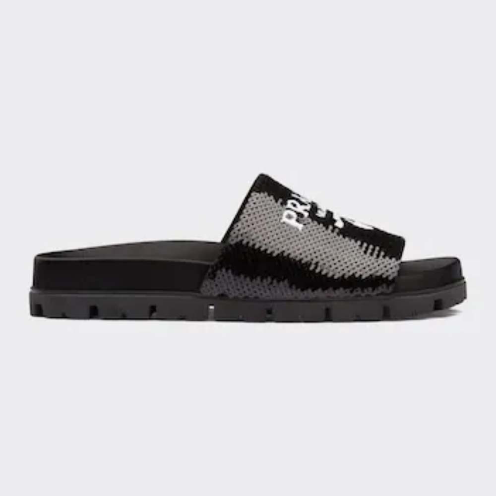 Side angle of Prada Women Sequin Slides with sparkling black sequins