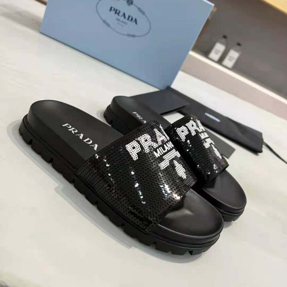 Close-up detail of embroidered sequins on Prada Women Sequin Slides