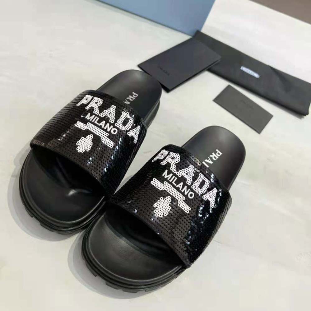 Top-down view showing rubber lug sole on Prada Women Sequin Slides