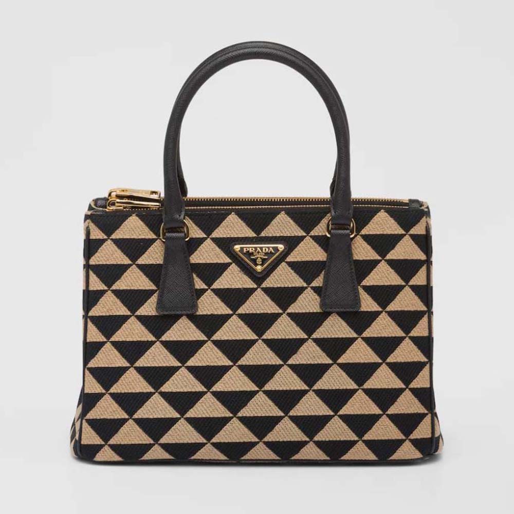 Front view of Prada Women Small Prada Galleria Jacquard Fabric Bag-Brown