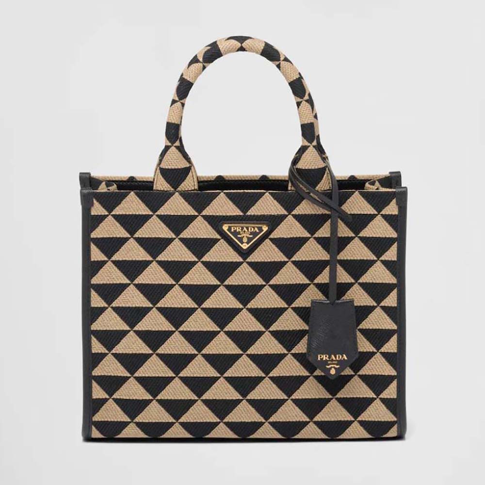 Front view of Prada Women Small Prada Symbole Jacquard Fabric Handbag-Brown
