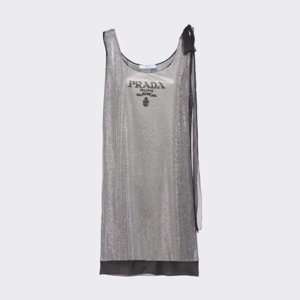 Front view of Prada Women Studded Chiffon Dress with fluid silhouette