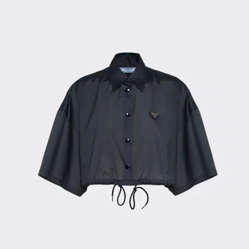 Front view of Prada Women Technical Silk Shirt-Black on hanger