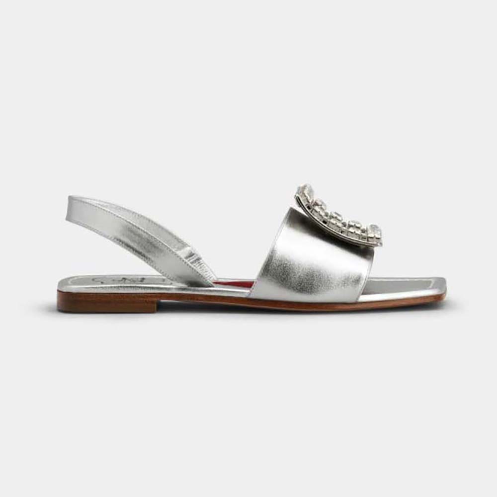 Side view of Roger Vivier Women Biki Love Strass Buckle Sandals in silver leather