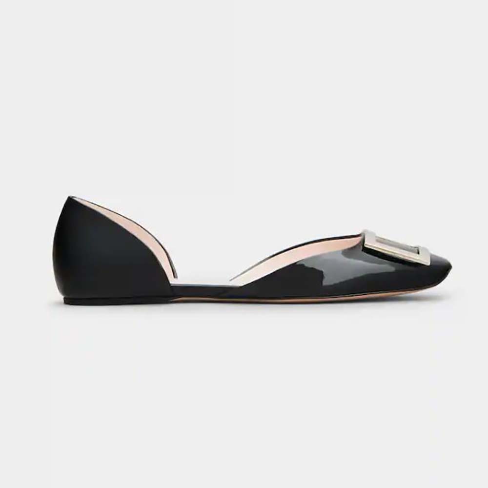 Side profile of Roger Vivier Women Trompette Dorsay Metal Buckle Ballerinas in black patent leather