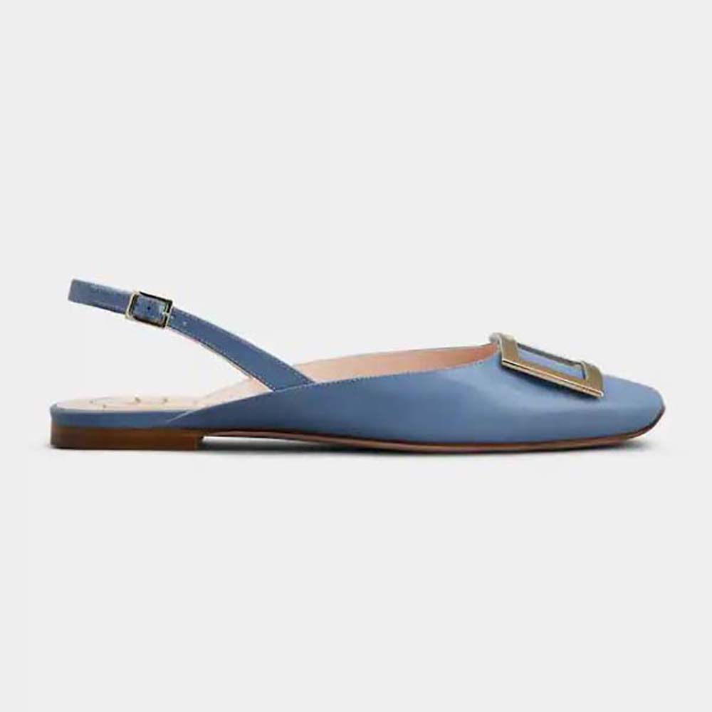 Side view of Roger Vivier Women Trompette Metal Buckle Slingback Ballerinas in Patent Leather-Blue