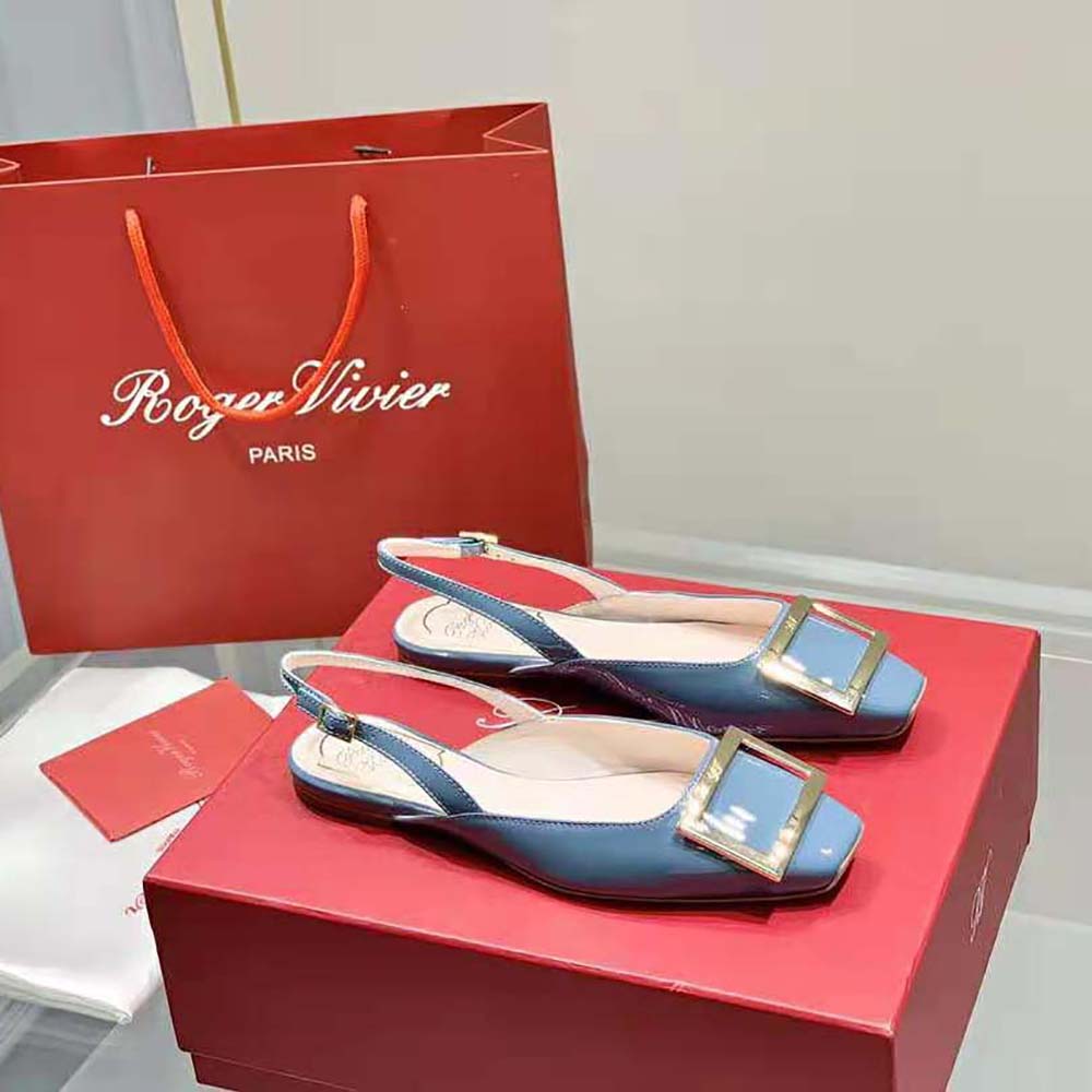 Top angle showing slingback strap and glossy finish on Roger Vivier ballerinas