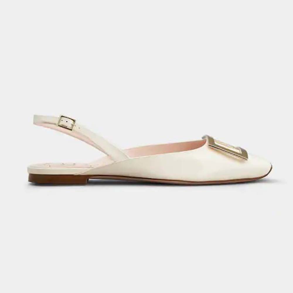 Side view of Roger Vivier Women Trompette Metal Buckle Slingback Ballerinas in Patent Leather-White