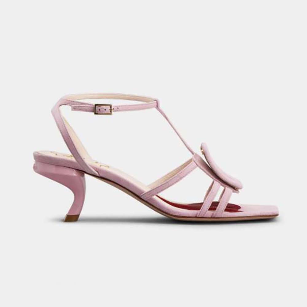 Side view of Roger Vivier Women Virgule Covered Buckle Sandals in Leather-Pink