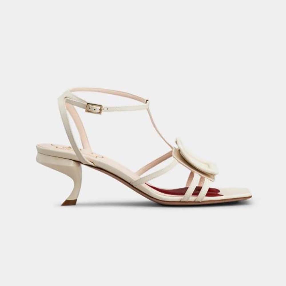 Side view of Roger Vivier Women Virgule Covered Buckle Sandals in Leather-White