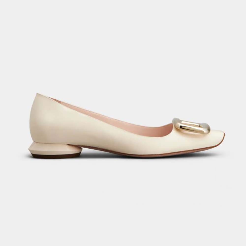 Front angle of Roger Vivier Women Viv Choc Metal Buckle Ballerinas in Patent Leather-White