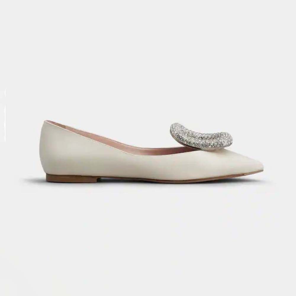 Side view of Roger Vivier Women Viv Choc Strass Buckle Ballerinas in Leather-White