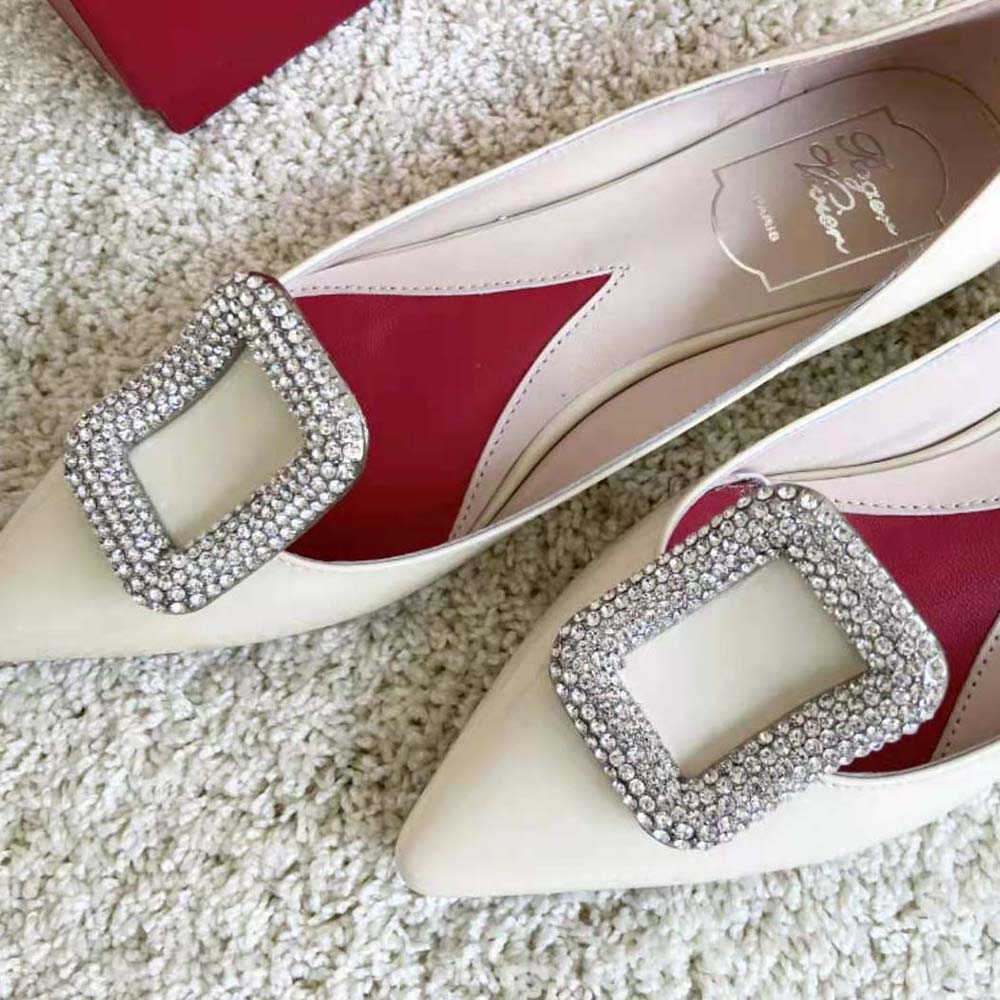 Top angle of Roger Vivier Women Viv Choc Strass Buckle Ballerinas showcasing leather texture