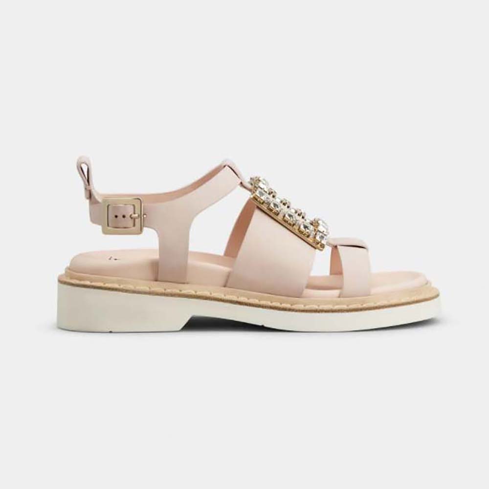 Side profile of Roger Vivier Women Viv Rangers Strass Buckle Sandals in Nabuk-Pink