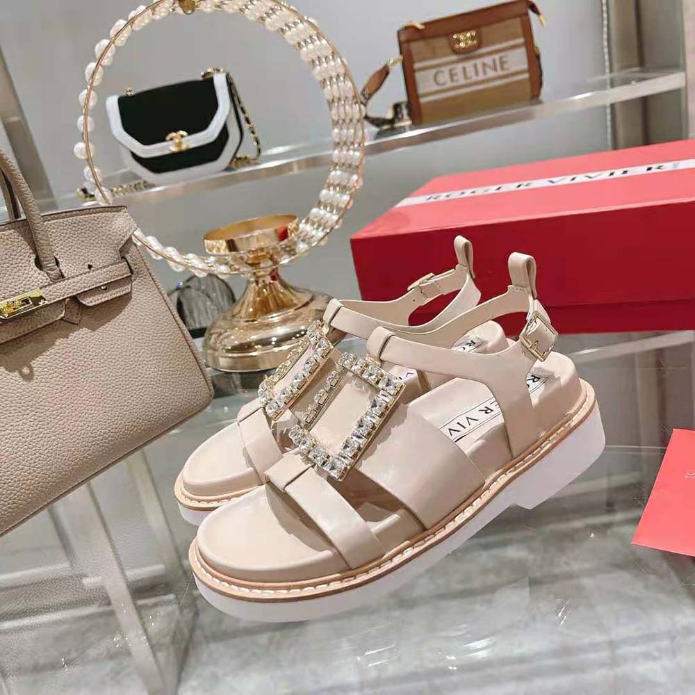Roger Vivier Women Viv Rangers Strass Buckle Sandals in Nabuk-Pink - image 5