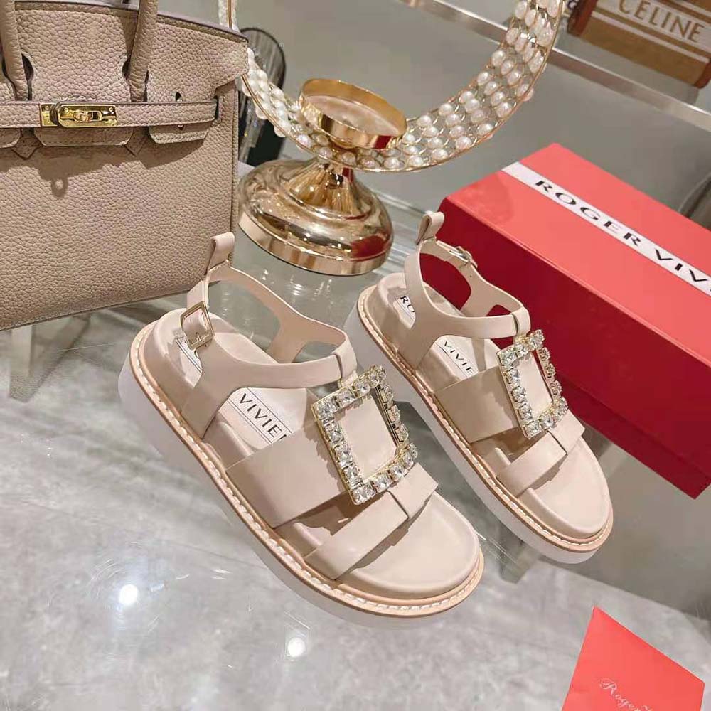 Top view showing pink nabuk leather and buckle on Roger Vivier Viv Rangers Sandals
