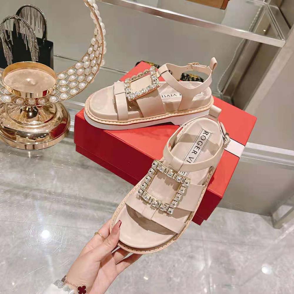 Roger Vivier Women Viv Rangers Strass Buckle Sandals in Nabuk-Pink - image 4