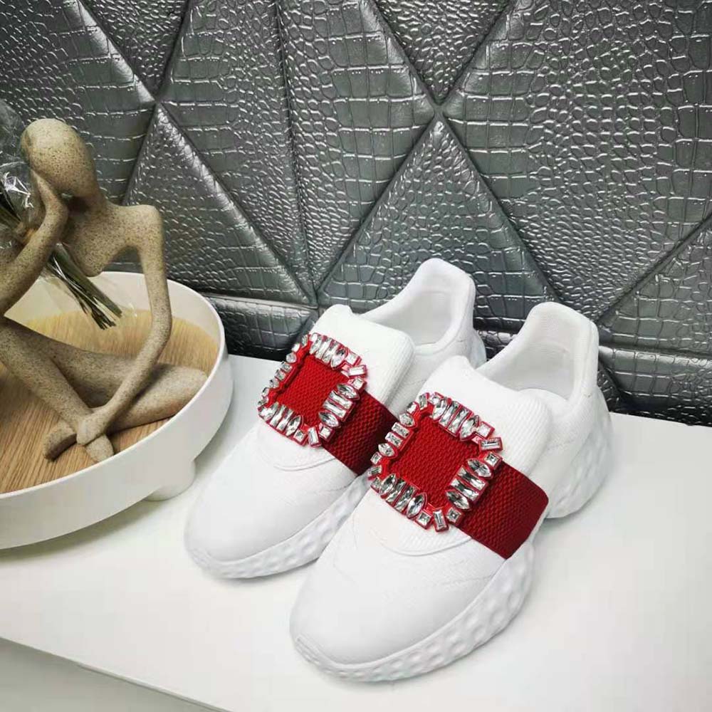 Top-down angle showing white lace-up and fabric texture of Roger Vivier Women Viv Run Light Strass Buckle Sneakers