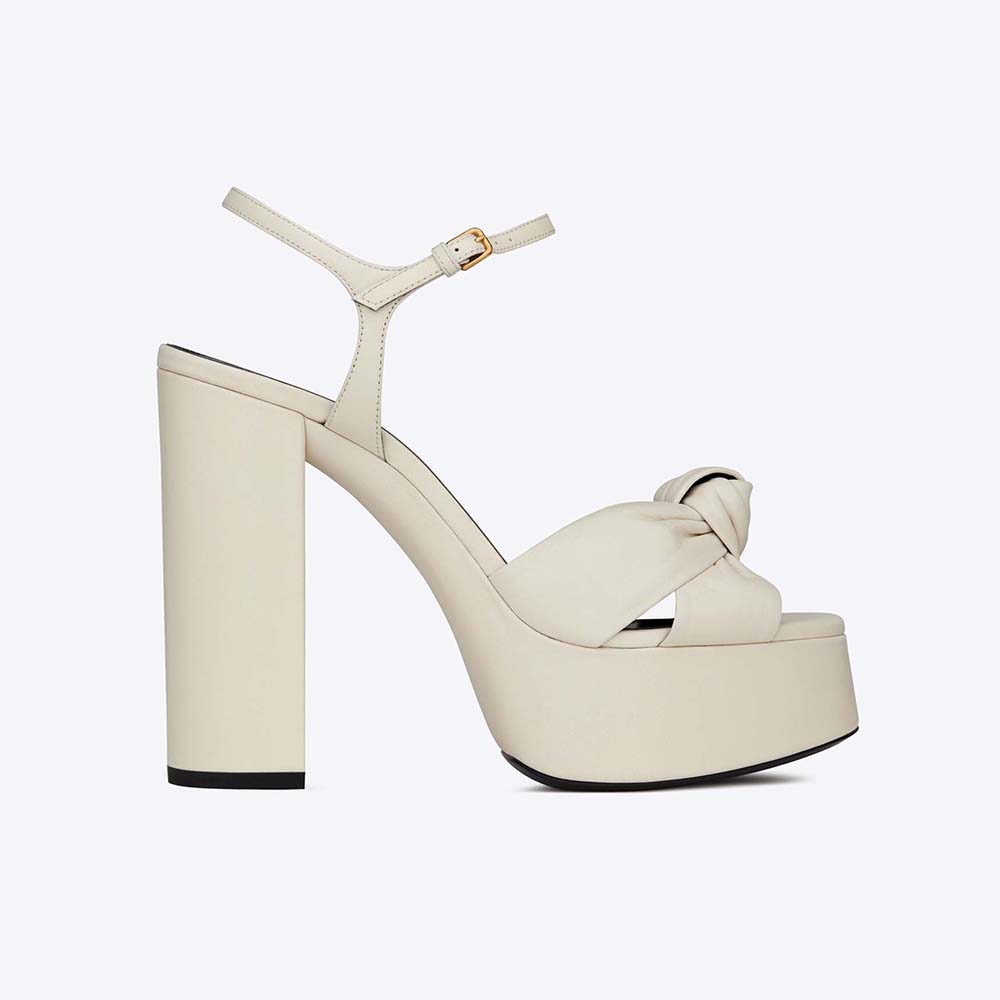 Side view of Saint Laurent YSL Women Bianca Sandals in smooth white leather