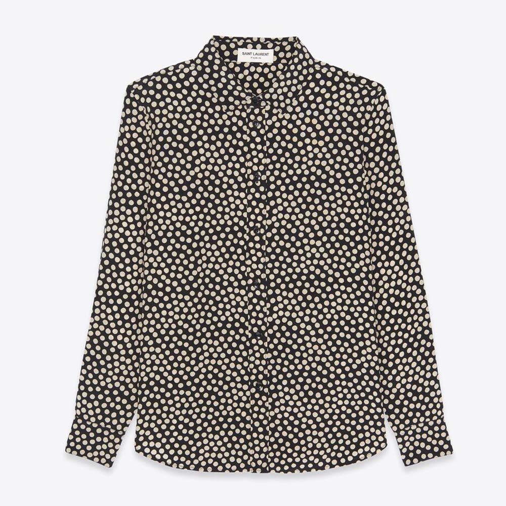 Front view of Saint Laurent YSL Women Classic Shirt in Dotted Silk-Black
