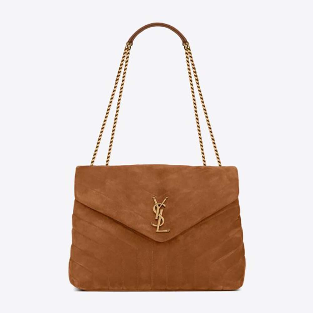Front view of Saint Laurent YSL Women Loulou Medium Bag in brown suede