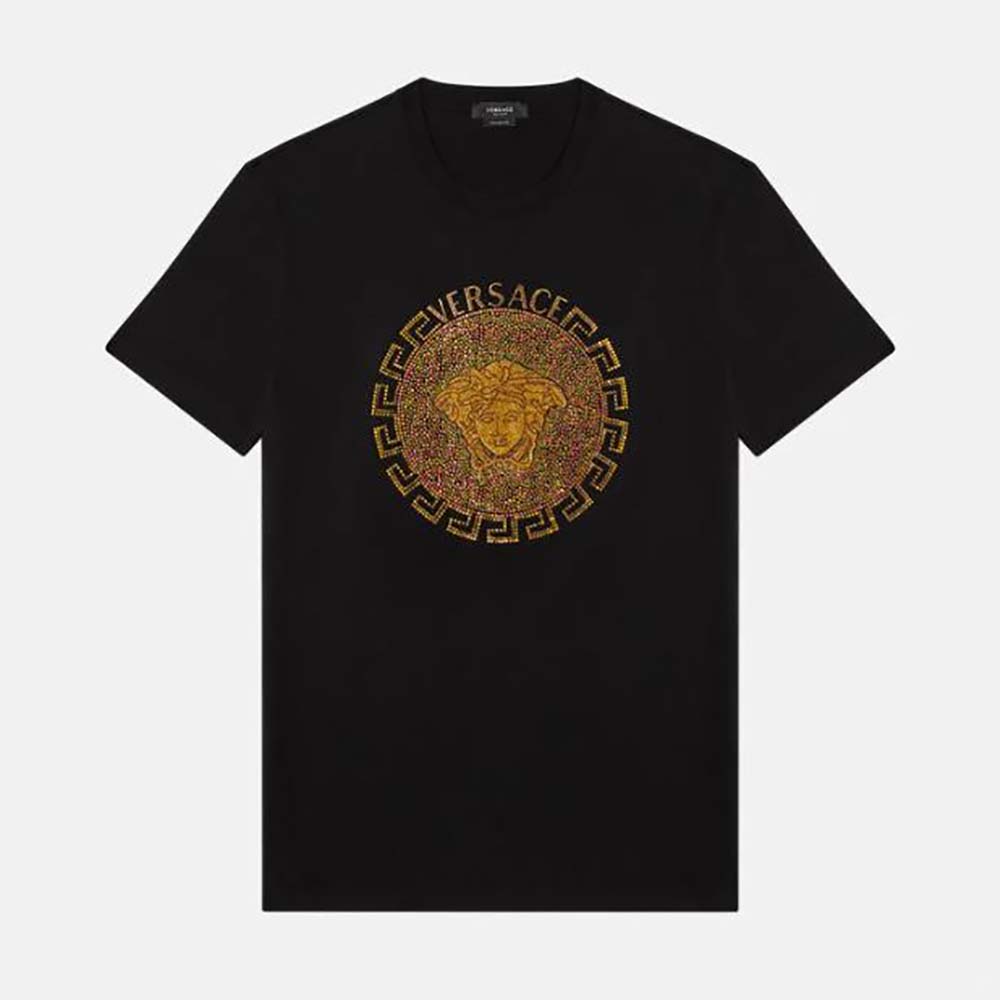 Front view of Versace Women Embellished Medusa T-shirt in Cotton-Black
