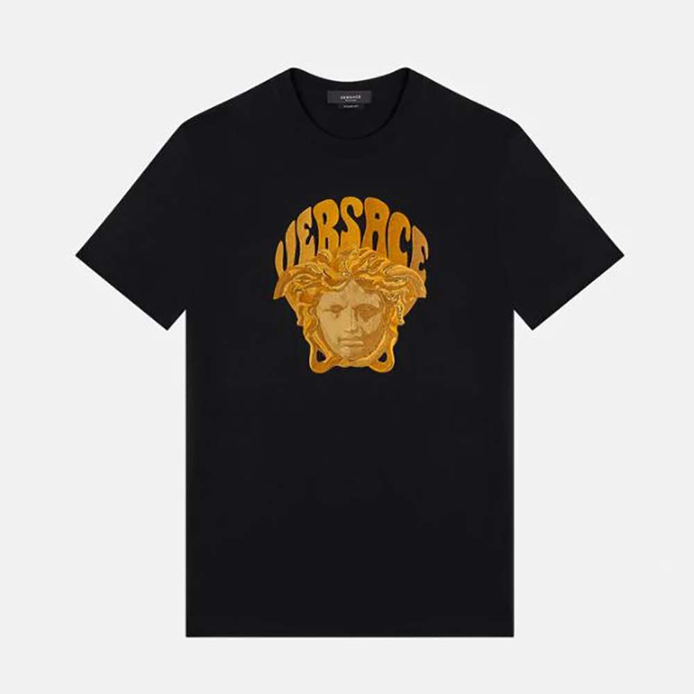 Front view of Versace Women Medusa Music T-Shirt in Cotton-Black