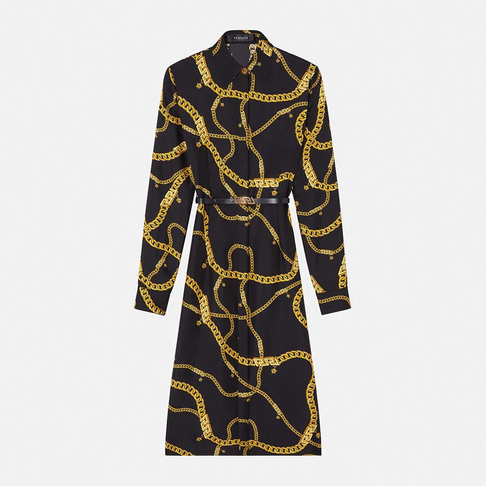 Front view of Versace Women Greca Chain Midi Dress-Black on model
