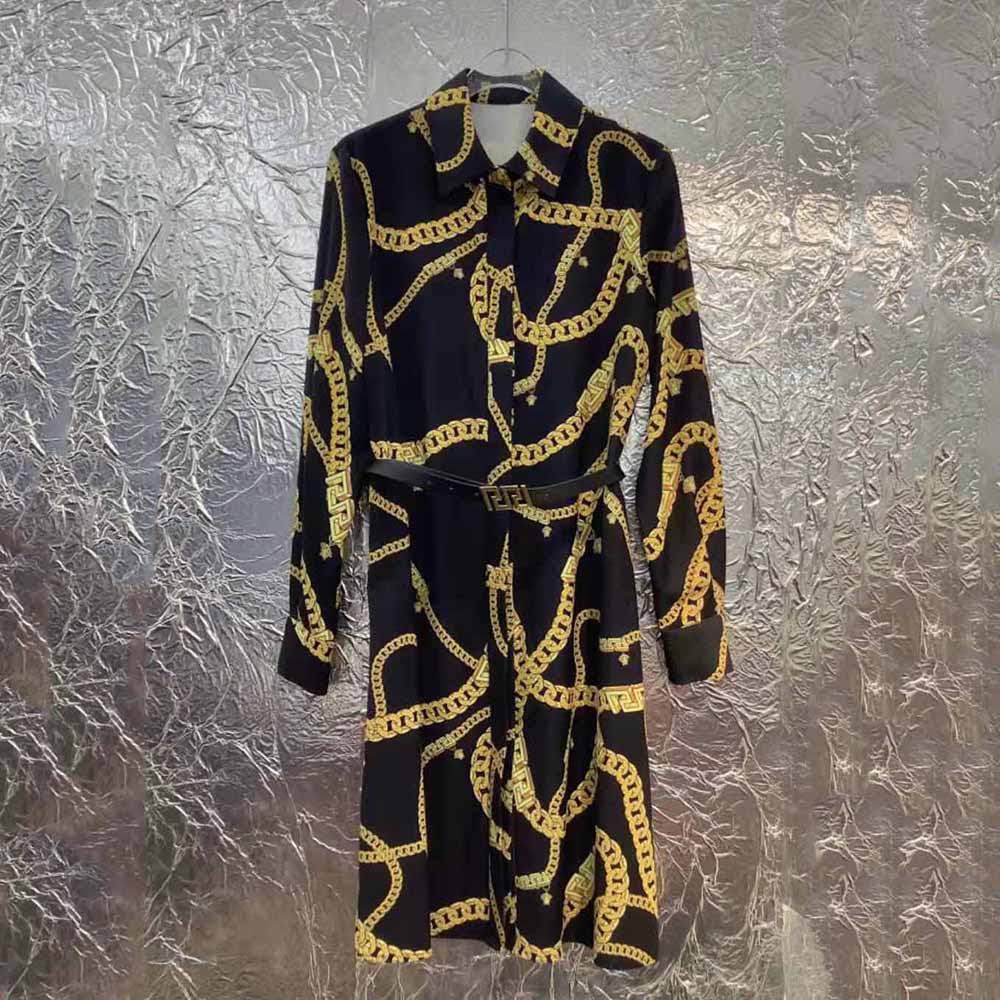 Close-up of gold Greca chain detail on Versace Women Greca Chain Midi Dress-Black