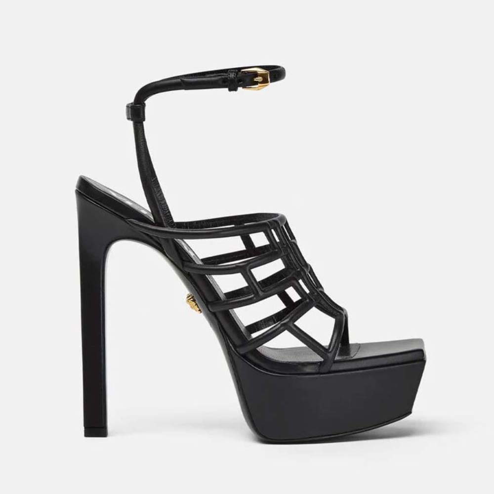 Side view of Versace Women Greca Maze Platform Sandals in 15cm heel black