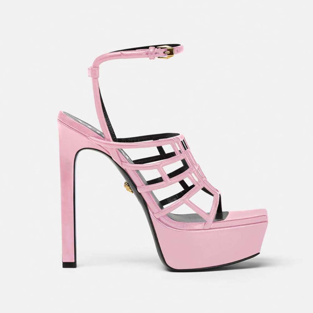 Side view of Versace Women Greca Maze Sandals in vibrant pink leather