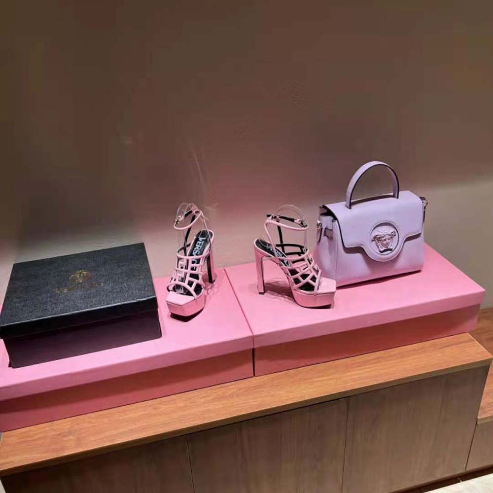 Rear angle showing 15cm heel height on Versace Women Greca Maze Sandals