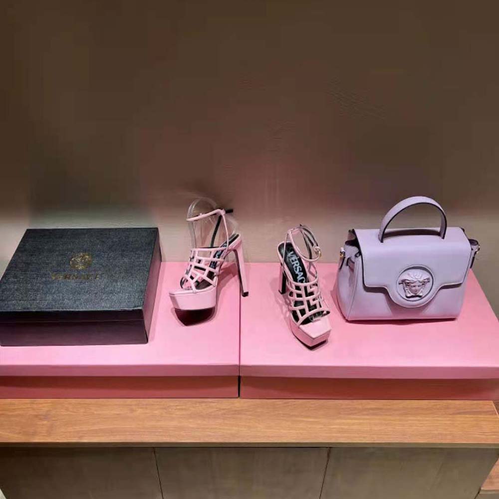 Versace Women Greca Maze Sandals in 15cm Heel Height-Pink - image 4