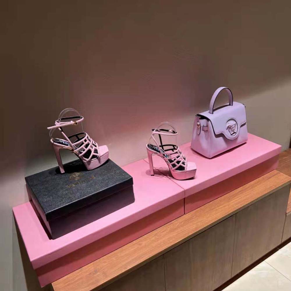 Versace Women Greca Maze Sandals in 15cm Heel Height-Pink - image 5