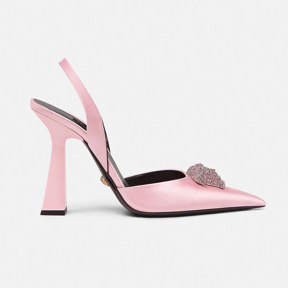 Side profile of Versace Women La Medusa Satin Sling-Back Pumps pink heel