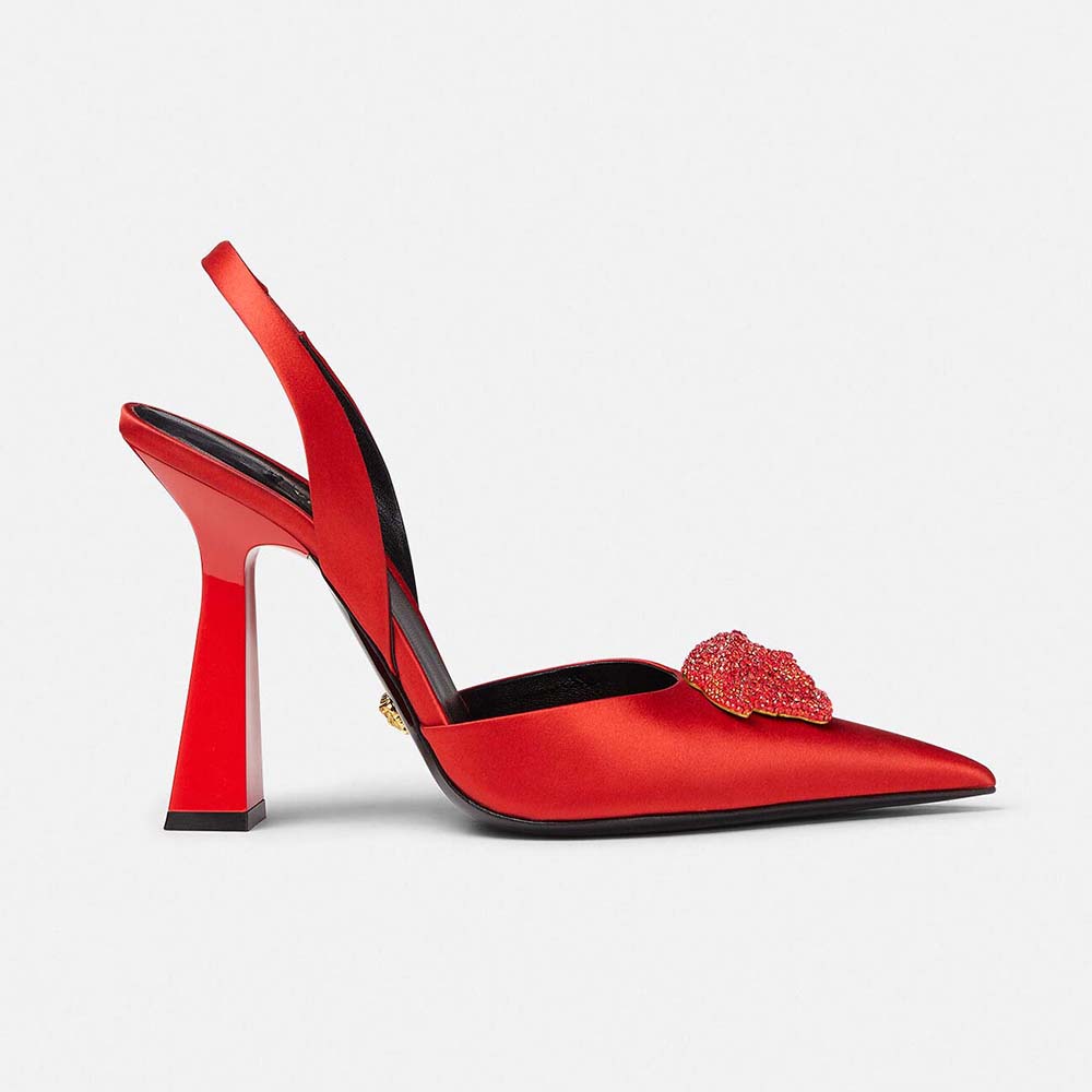 Side view of Versace Women La Medusa Satin Sling-Back Pumps in red satin