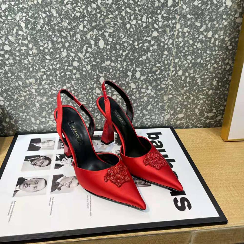 Versace Women La Medusa Satin Sling-Back Pumps in 105 mm Heel-Red - image 5
