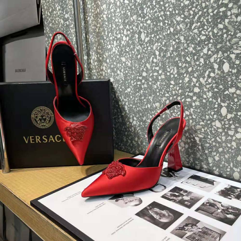 Versace Women La Medusa Satin Sling-Back Pumps in 105 mm Heel-Red - image 7